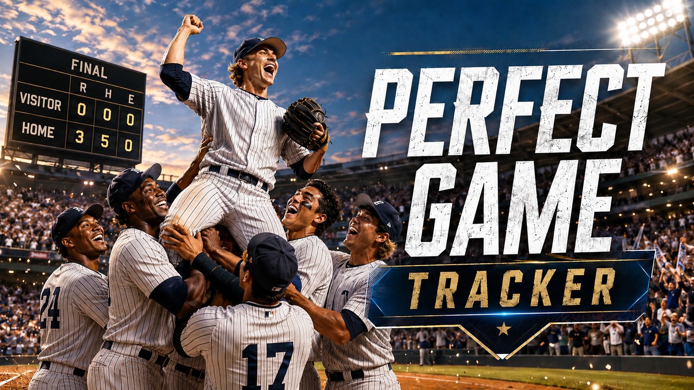 Baseball players celebrating a perfect game under stadium lights
